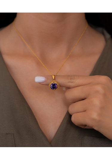 Bayar Gold 14 Ayar Altın Mor Taşlı Telkari Kolye Sarı Altın