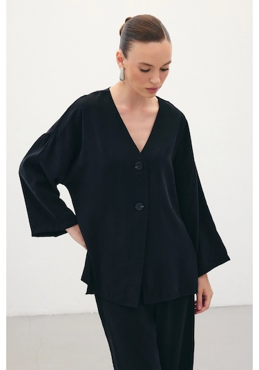 Sateen Düğmeli Kimono - Siyah Siyah