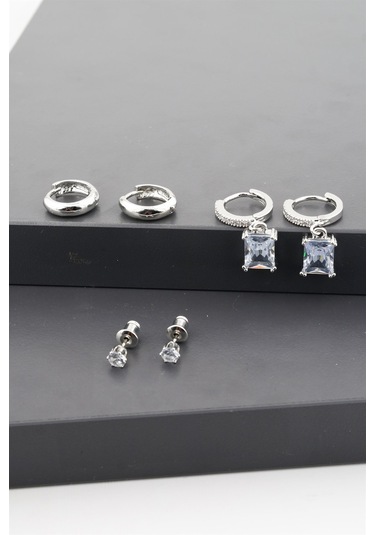 Kadın Altın Kaplama Kare Baget Zirkon Taşlı 6'lı Set Küpe Altın