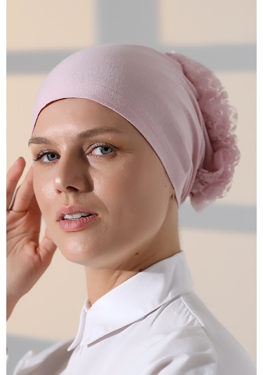 Kadın Fırfırlı Güpürlü Tesettür Topuz Bone - Pembe Pembe