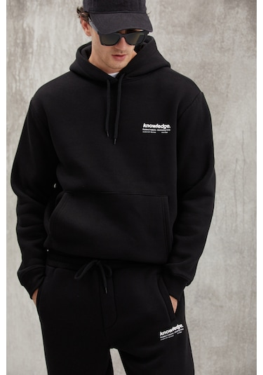 Grimelange Martel Erkek Yumuşacık Içi Polarlı Baskılı Regular Kordonlu Siyah Sweatshirt