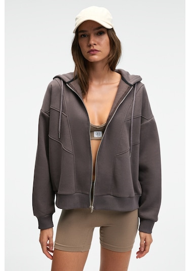 VYSELLE Kadın Önü Kesikli Metal Fermuarlı Kapüşonlu Etiket Detaylı Oversize Antrasit Sweatshirt