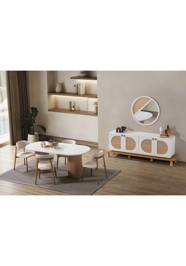 Narven Bohem Natural Ahşap Masa Sandalye Takımı 90x180 Meşe - Beyaz