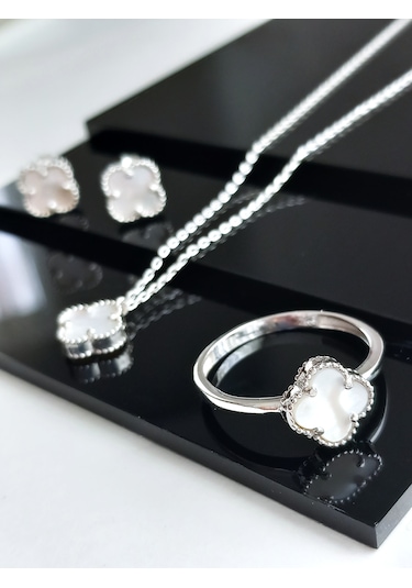 Gümüş Beyaz Yonca Van Clef Sedef Taşlı Kolye Küpe Yüzük