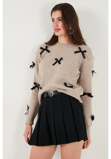 Lela Premium Regular Fit Bisiklet Yaka Fiyonk Detaylı Triko Bayan Kazak 680Kz00155 Vizon