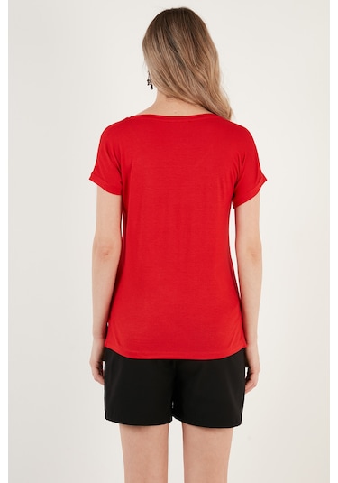 Lela V Yaka Relaxed Fit Yırtmaç Detaylı 2'Li Paket Bayan Bluz 5862000S2 Siyah-Kırmızı