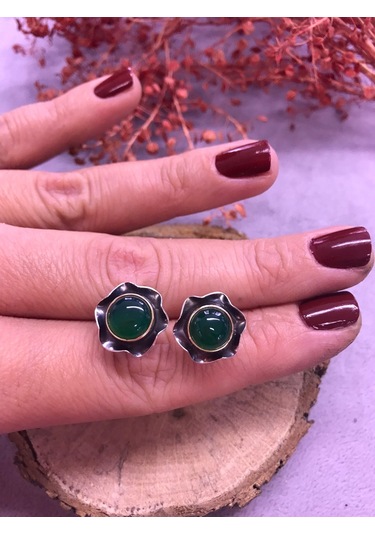 Nsa Gümüş Yeşil Akik Taşlı Gümüş Küpe 925 Ayar N11.96534