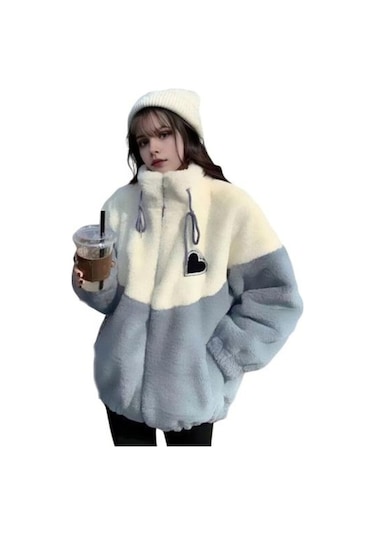 Novahub Kadın Kışlık Kalın Polar Renk Bloklu Patchwork Dik Yaka Mont - Mavi - Xl Mavi