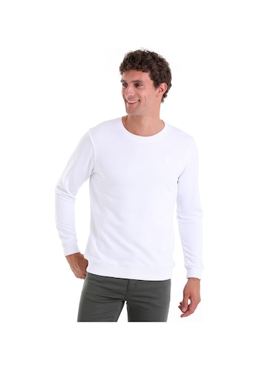 Hatemoğlu Beyaz Regular Fit Düz Pamuklu Bisiklet Yaka Sweatshirt Beyaz