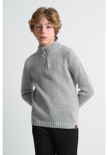 Alexandergardı Dik Yaka Fermuarlı Erkek Çocuk Kazak C23-7108 Gri