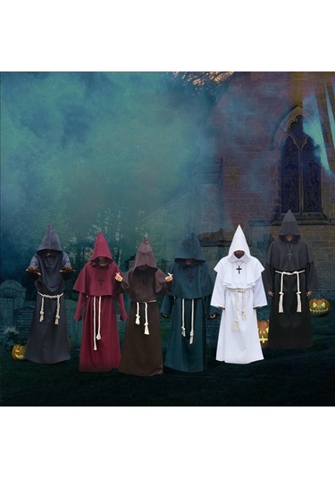 Pazly Cadılar Bayramı Rahip Kostümü Kapşonlu Koyu Yeşil Çapraz Kolyeli