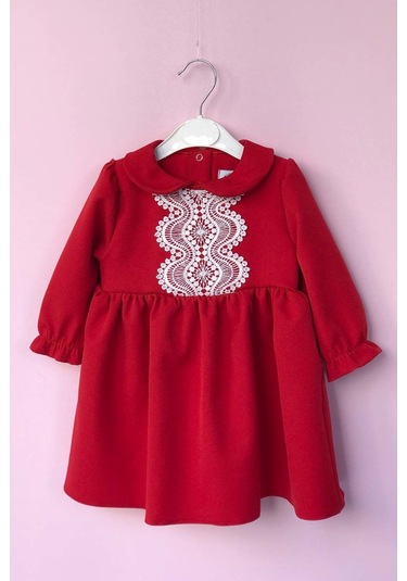 Dantel Detaylı Kırmızı Krep Kız Çocuk Bebek Elbise 001