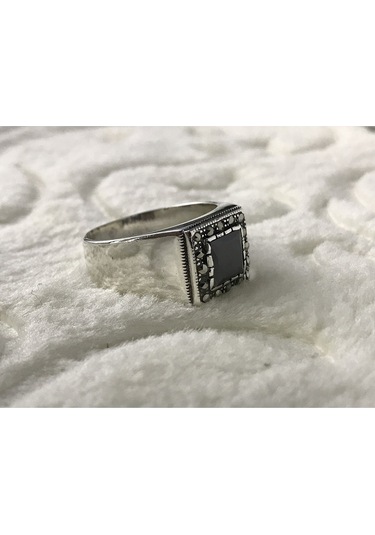Siyah Zirkon Ve Markazit Taşlı 925 Ayar Gümüş Erkek Yüzük