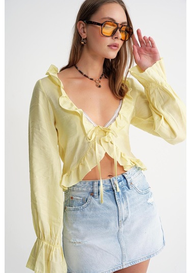 4712 Kadın Volanlı Modal Bolero Bluz Sarı Sari