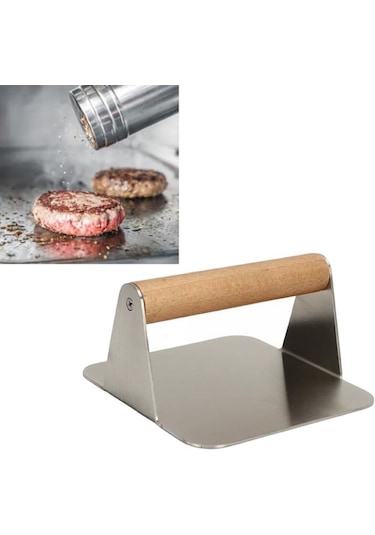 Kare Smash Burger Presi,14 Cm ,3 Mm 304 Paslanmaz Çelik Ahşap Sap