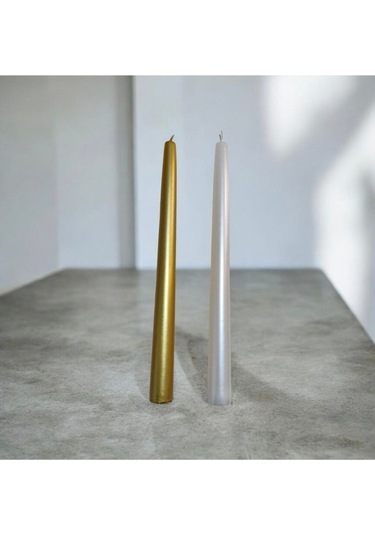 Denic 2 li Metalik Gold ve İnci Beyaz Şamdan Mum Konik Mum