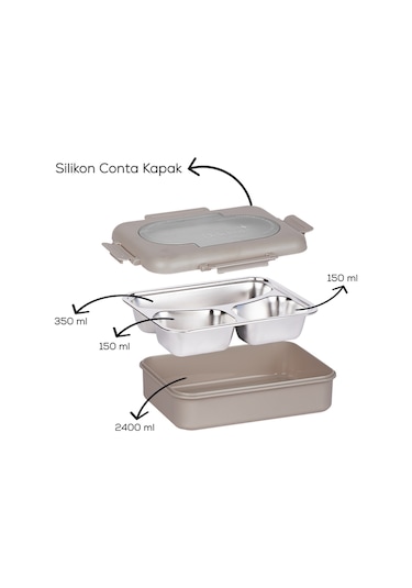 Porsima 3010-1 Paslanmaz Çelik 3 Bölmeli Vakumlu Yemek Termosu Beslenme Kutusu Taşınabilir Lunch Box Sefer Tası - Kahve