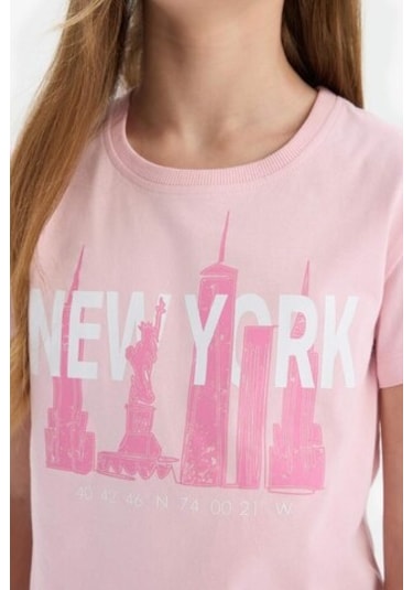 DeFacto Kız Çocuk Bisiklet Yaka Baskılı Kısa Kollu Tişört E0349A825SMPN47 Pembe