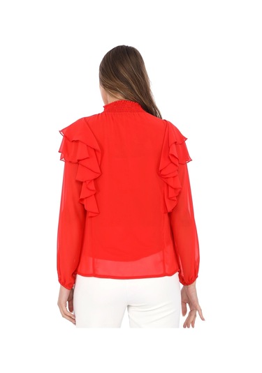 Omuz Fırfırlı Yaka Gipeli Şifon Bluz 6001-kırmızı