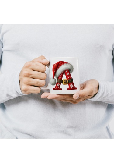 A Harfi Yılbaşı Temalı Bardak 330 Ml Harfli Kişiye Özel Hediye - Yeniyıl / Noel Şapka Tasarım Beyaz