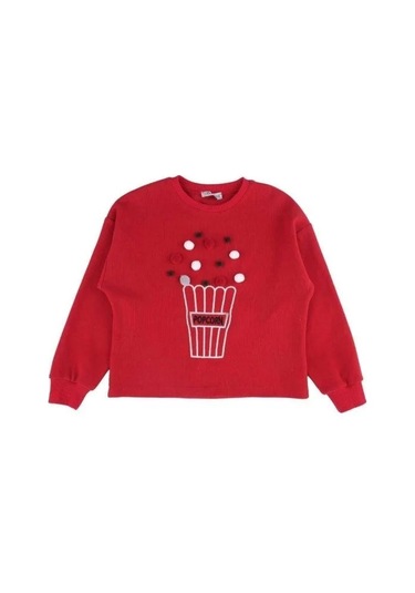 Kız Çocuk Popcorn Baskılı Sweatshirt-13493 Kırmızı