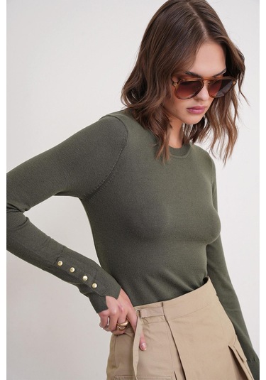 6736 Kadın Bisiklet Yaka Kolu Droplu Triko Kazak Haki Haki