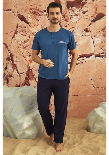 Arcan Erkek Kısa Kol Pijama Takımı Yazlık Viskon Mavi