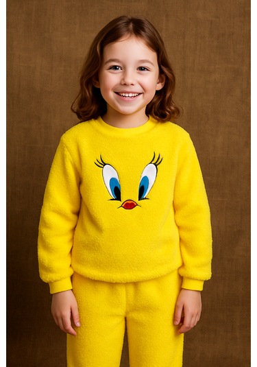 Sarı Civciv Nakışlı Welsoft Peluş Pijama Takımı Sarı