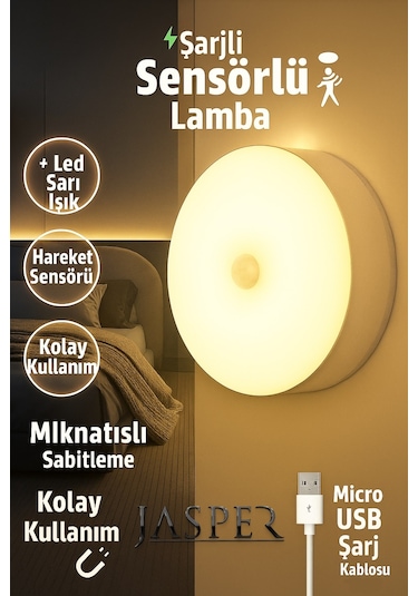 Jasper Jpr-010 Hareket Sensörlü Sarı Led Lamba Mıknatıslı & Şarjlı, Kablosuz Aydınlatma Beyaz