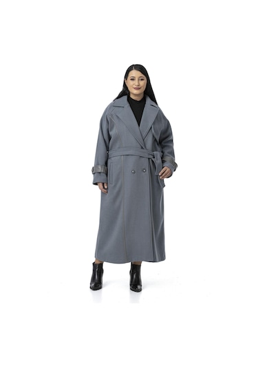 Büyük Beden Deri Biye Detaylı Fleto Cepli Kuşaklı Astarlı Kaşe Uzun Mavi Kaban Mavi