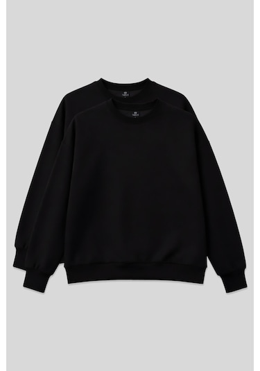 Tommy Life Basic Oversıze O Yaka 2li Paket Siyah Kadın Sweatshirt - 97053