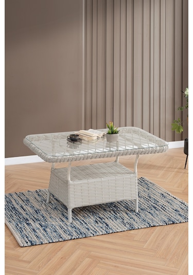 Edra Rattan Puflu Bahçe Balkon Takımı 3+1+1+camı Masa Kemik Rengi Kemik