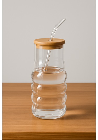 Bambu Kapaklı Motivasyon Cam Bardak / Suluk, 900 Ml, Pipet Hediyeli Şeffaf