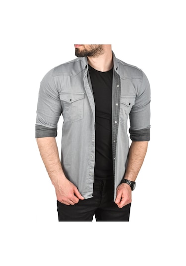Deepsea Erkek Gri Slim Fit Pamuklu Cepli Kot Gömlek Çıtçıtlı Uzun Kollu Spor Gömlek 2502503 Gri