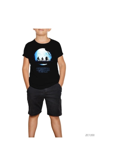 Stranger Things Blue Moon Siyah Çocuk Tişört Siyah