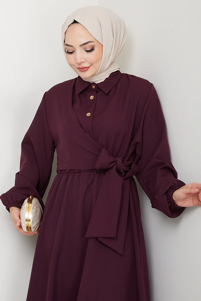 Çapraz Bağlamalı Gömlek Yaka Elbise 1636 - Bordo Bordo