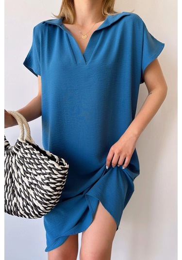 Kadın İndigo Kısa Kol, Polo Yaka, Dokulu Desen, Basic Kalıp/kesim, Aerobin Rahat Midi Elbise Indigo