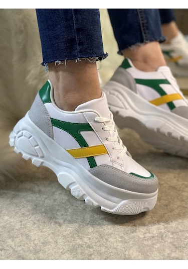 Günlük Kadın Sneaker Kalın Yüksek Taban Bağcıklı Rahat Tiger Şeritli Spor Ayakkabı 032 09-taş Yeşil Sarı