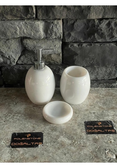 Beyaz Oval Mermer Mutfak/banyo Seti 3'lü Beyaz