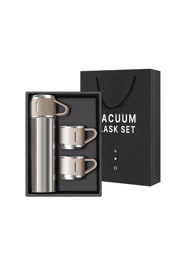 Kişiselleştirilebilir 3 Bardaklı Çelik Termos 05 Lt Crom Gümüş