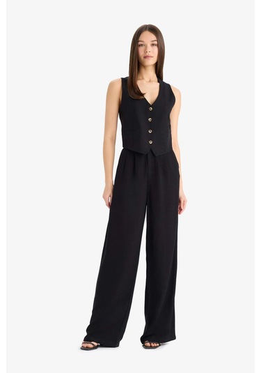 DeFacto Wide Leg Fermuarlı Normal Bel Standart Boy Geniş Paça Keten Karışımlı Palazzo Pantolon E6210AX25SPBK81 DeFacto Wide Leg Fermuarlı Normal Bel Standart Boy Geniş Paça Keten Karışımlı Palazzo Pantolon E6210AX25SPBK81