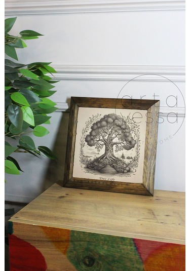 Artavessa Masif Ahşap Çerçeveli Taş Tablo Pano 16 x 16 cm - Ağaç Model 1