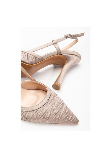 Arkası Açık Saten Özel Tasarım Stiletto Vizon