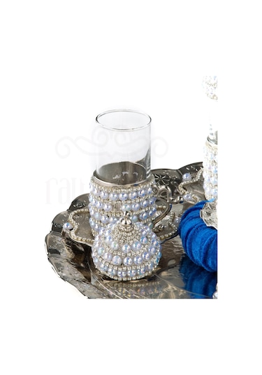 Zarif İnci Ve Taşlı Çay Bardak Seti 6 Lı Ve Tepsili Lale Desenli -sade Beyaz