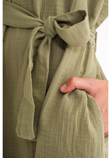 4720 Kadın Pile Detaylı Bağlamalı V Yaka Müslin Elbise Haki Haki