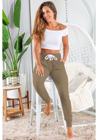 Kadın Kısa Kollu Madonna Yaka Viskon Crop Bluz Cepli Iki Iplik Eşofman Takım Bej