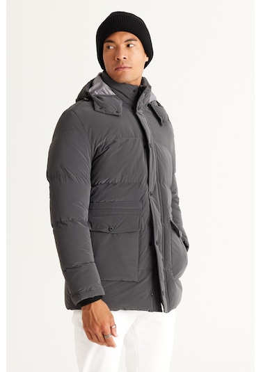 AC&Co / Altınyıldız Classics Erkek Antrasıt Standart Fit Normal Kesim Çıkma Kapüşonlu Kaban Antrasit