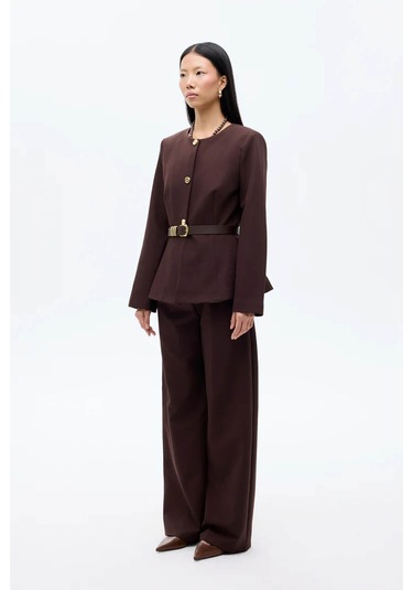 Quzu Kemer Aksesuarlı Yuvarlak Yaka Kahverengi Kadın Ceket Ckt00922 Kahverengi