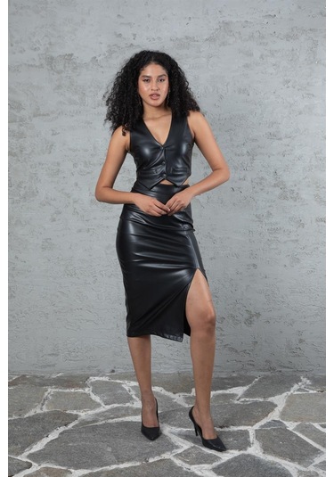 Siyah Yırtmaçlı Deri Etek - Siyah