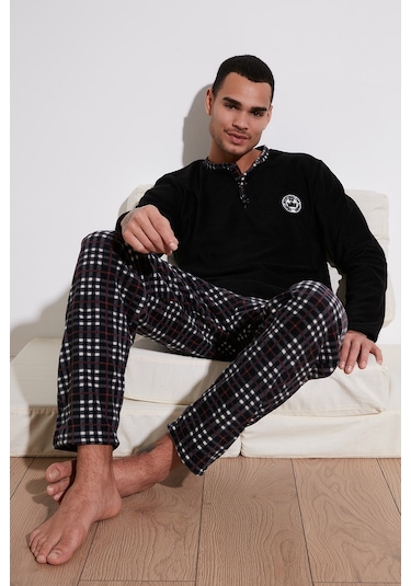 Buratti Regular Fit Bisiklet Yaka Kışlık Yumuşak Dokulu Polar Erkek Pijama Takımı 6096100 Siyah
